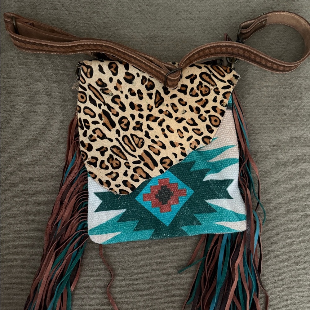 Myra Leopard and Aztec Fringe Crossbody Bag